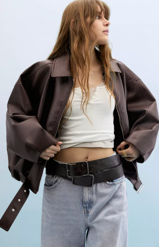 Brown Leather Bomber Jacket